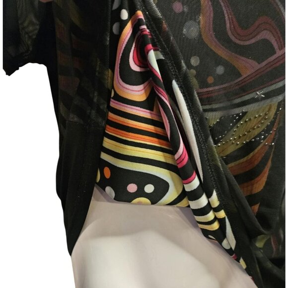 Vintage Abstract Printed Short Sleeve Drape Neck Mesh Top By Song Li - Picture 2 of 7